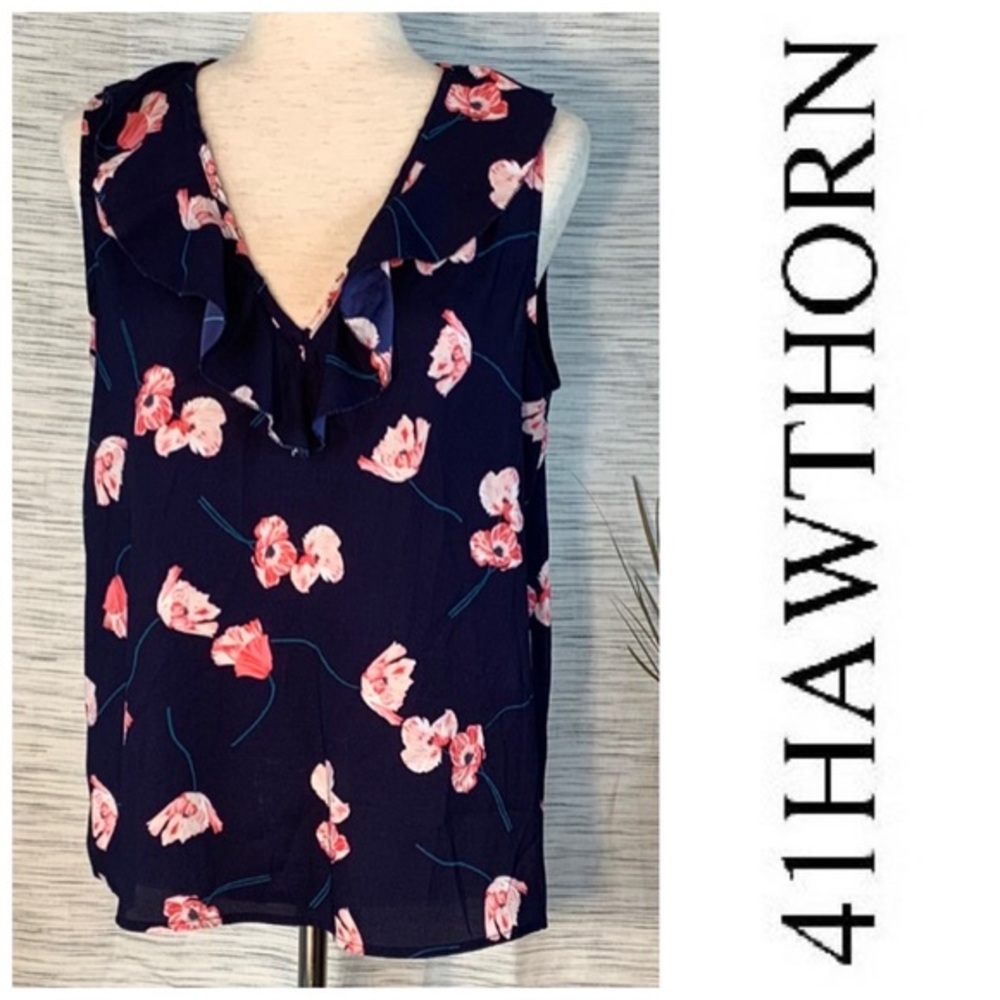 41 Hawthorn dark blue sleeveless floral top.